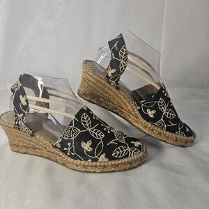 Elena Solano Black Espadrille Wedges Tan Embroidery Made in Spain Size 10 Floral